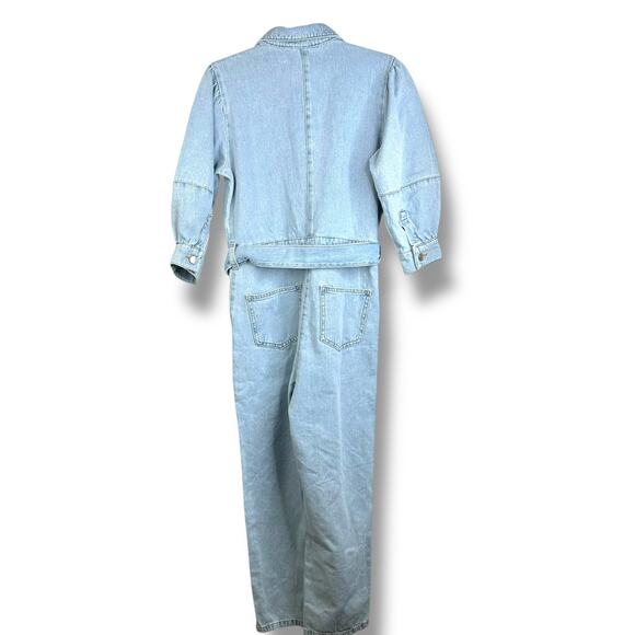 NA-KD NWT Cotton Denim Jean Belted Puff Sleeve Button Collard Denim Jumpsuit - Picture 8 of 11